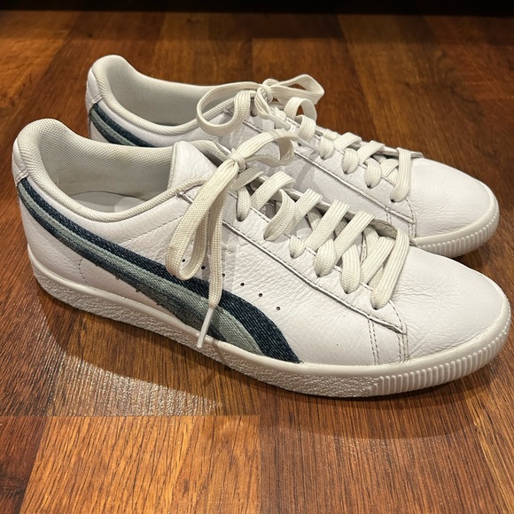 Puma Shoes - Puma Clyde Denim Striped White Leather Sneakers Shoes Women size 8.5